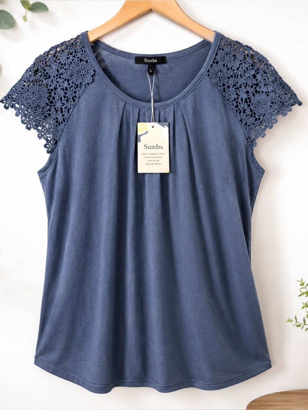 NWT Sunbs Dusty Blue Lace Sleeve Top Women’s L